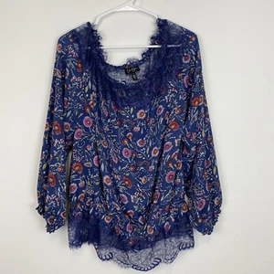 Jessica Simpson Top Size Large Floral On Off Shoulder Balloon Sleeves Lace Blue - Picture 1 of 9