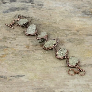 Pyrite Rough Copper Love Gift Electroformed Chain Adjustable Bracelet 6.0" - Picture 1 of 6