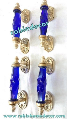 Unique Glass Blue Door Handle w Brass Puller Cabinet Cupboard 4 PcS Home Decor Cover