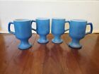 Vintage Set (4) Blue Footed Pebble Matte Finish Milk Glass Cups, D Handle 