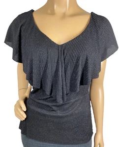 Adrianna Papell Black Sparkle Stripe Ruffle Top Size M Split Sleeve New - Picture 1 of 14