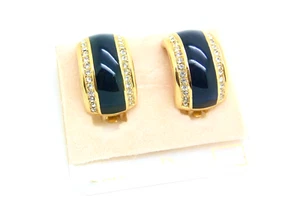 VTG  Christian Dior 14K Gold Black Enamel Rhinestone Clip On Earrings - Picture 1 of 8