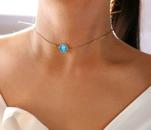 2 Ct Round Cut Lab Created Aquamarine Choker Necklace 15" 14K Yellow Gold Plated - Picture 1 of 6