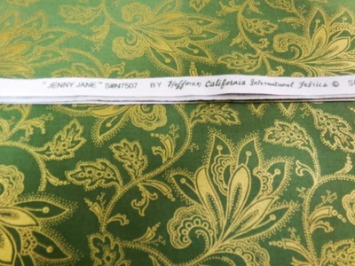 Exotic Flower Fabric. Green with Gold.  Jenny Jane for Hoffman. 36x44. N25-2143 - Image 1 of 4