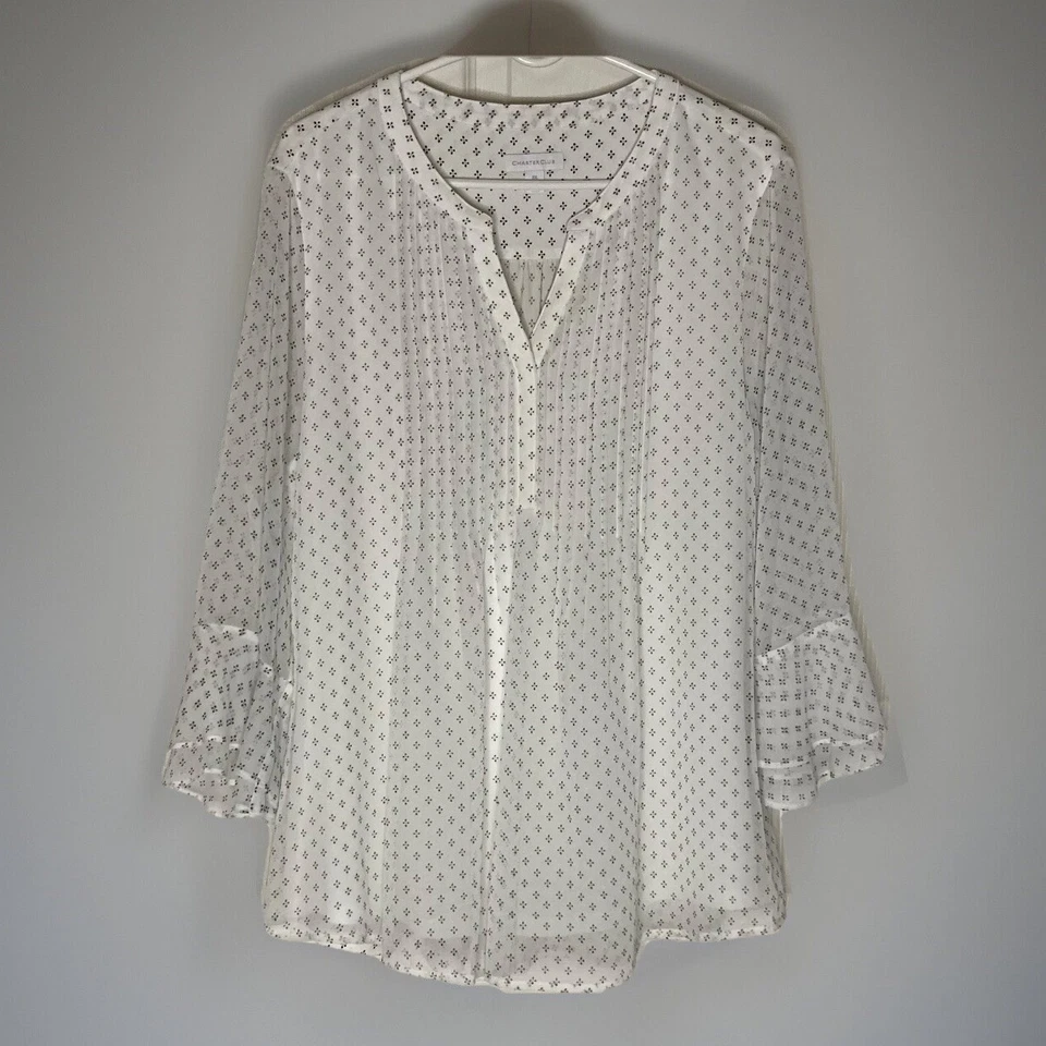 Charter Club Plus Sz XXL White/Blk Polka Dot Pintuck Blouse Sheer Bell Sleeves - Image 1 of 4