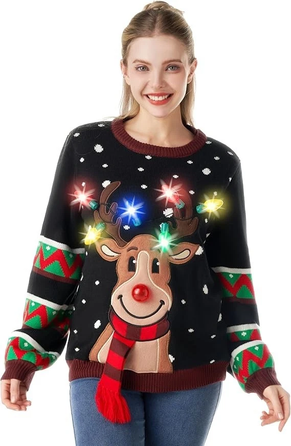Adult LED Light Up Christmas Ugly Sweater with Light Bulbs, Black Reindeer - Image 1 of 4