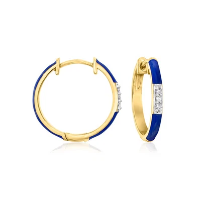 Ross-Simons Navy-Blue Enam & Diamond Hoop Earrings in 18k Gold Plate 5/8 inches - Image 1 of 3