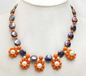 Natural Black Coin Pearl Necklace for Women with Orange Coral Necklace 17'' - Picture 1 of 4