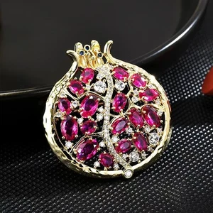 Pomegranate Crystal Brooch - Elegant Fruit Rhinestone Pin - Picture 1 of 12