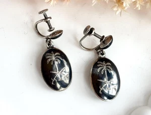 Siam Sterling Palm Tree + Crossed Sword Oval Vintage Screw Back Dangle Earrings - Picture 1 of 8