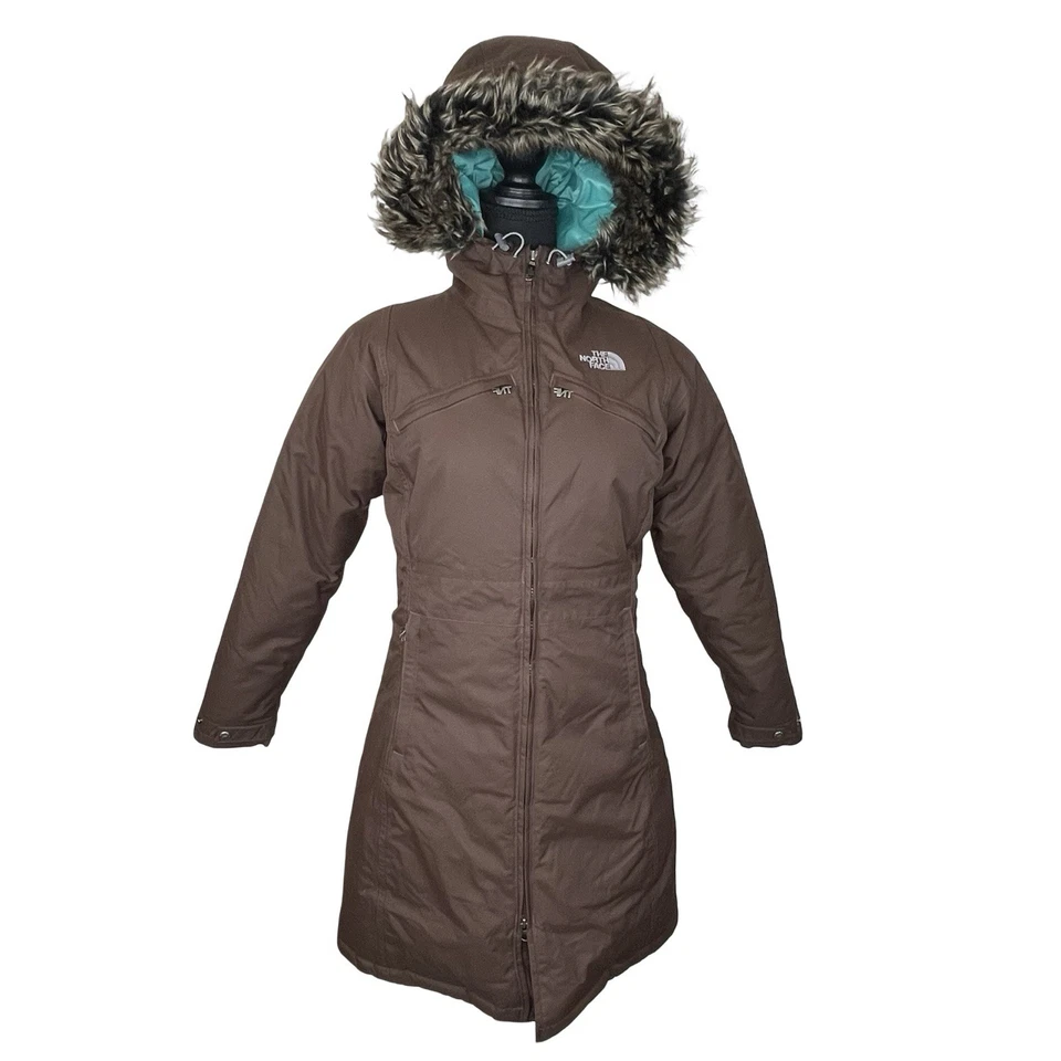 The North Face Women's Down Jacket Hooded Parka Puffer, Size S Brown - Image 1 of 4