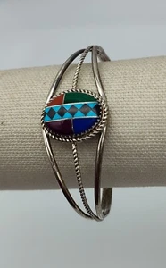 Vtg Oval Colorful Inlay Native American Sterling 925 Cuff Bracelet Southwest VEP - Picture 1 of 7