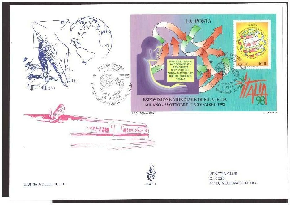 FDC Venetia Club 1998 - Giornata House Poste Sheet of Stamps Viaggiata - Image 1 of 1
