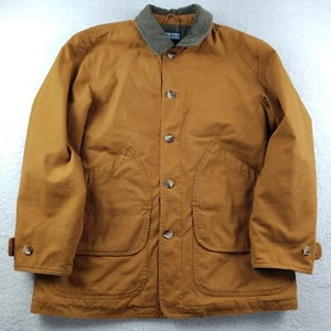 Vintage Lands End Canvas Chore Coat Men M Jacket Tan Barn Corduroy Trim Plaid - Picture 1 of 8