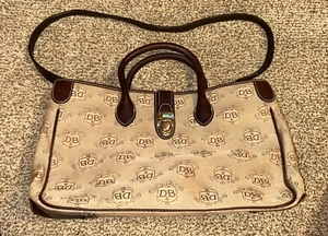 Dooney and Bourke TAN & BROWN DOUBLE HANDLE TOTE LARGE BAG PURSE LOGO 14x10x6 - Picture 1 of 14