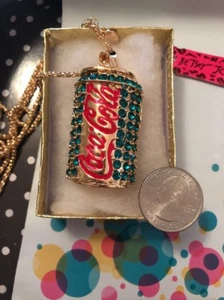 Betsey Johnson Necklace COCA COLA COKE Blue Red Gold Crystal COKE CAN Gift Box - Picture 1 of 12
