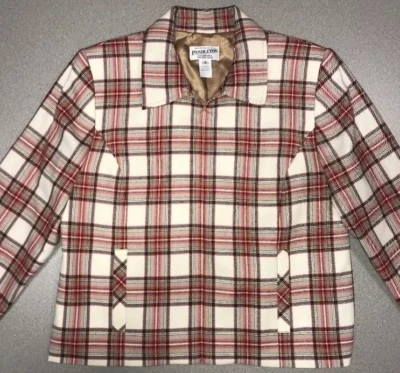 Pendleton Light Jacket 100% Wool Red / Brown / Ivory Plaid Zip Up Front Size 10 - Image 1 of 4