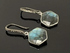 Hoop Anniversary Earrings 925 Sterling Silver Natural Labradorite - Picture 1 of 9