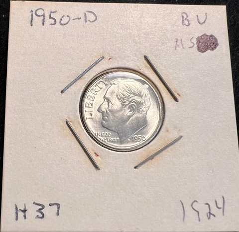 Gorgeous 1950 D Roosevelt Dime 10c 90% Silver BU US Family ESTATE Coin 1924 Cover