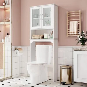 Mobile Portaoggetti Sopra Il WC con Doppia Ante in Vetro Temperato Ripiano Regolabile - Foto 1 di 9