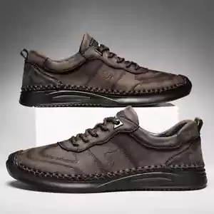 Leather Italian Style Leisure Shoes Lace-up Sneakers Handmade Casual Footwear - Picture 1 of 27