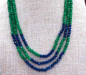 Natural 4mm NATURAL Emerald + Sapphire FACETED BEADS NECKLACE 3 STRAND 17"-19" - Picture 1 of 4