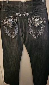 Y2K Imperious Delf Trading Jeans Mens 36 X 34 Black  White Embroidered Studs - Picture 1 of 15