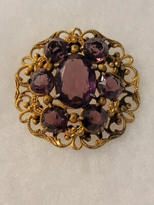 Ricarde Of Hollywood Round Brooch Gold Tone Purple Amethyst Stones Vintage 2"  - Picture 1 of 5