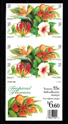 USA BOOKLET SC# 3313B TROPICAL FLOWERS $0.33c.- 20 S.A. MNH - PL# S22222 - Image 1 of 2
