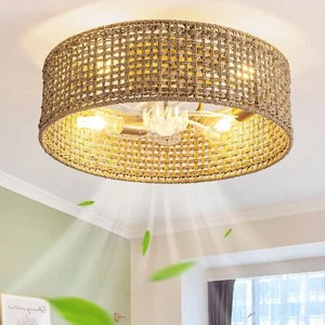 Boho Caged Ceiling Fan with Light, 20.28 Inch Rattan Ceiling Fans with Lights... - Picture 1 of 9