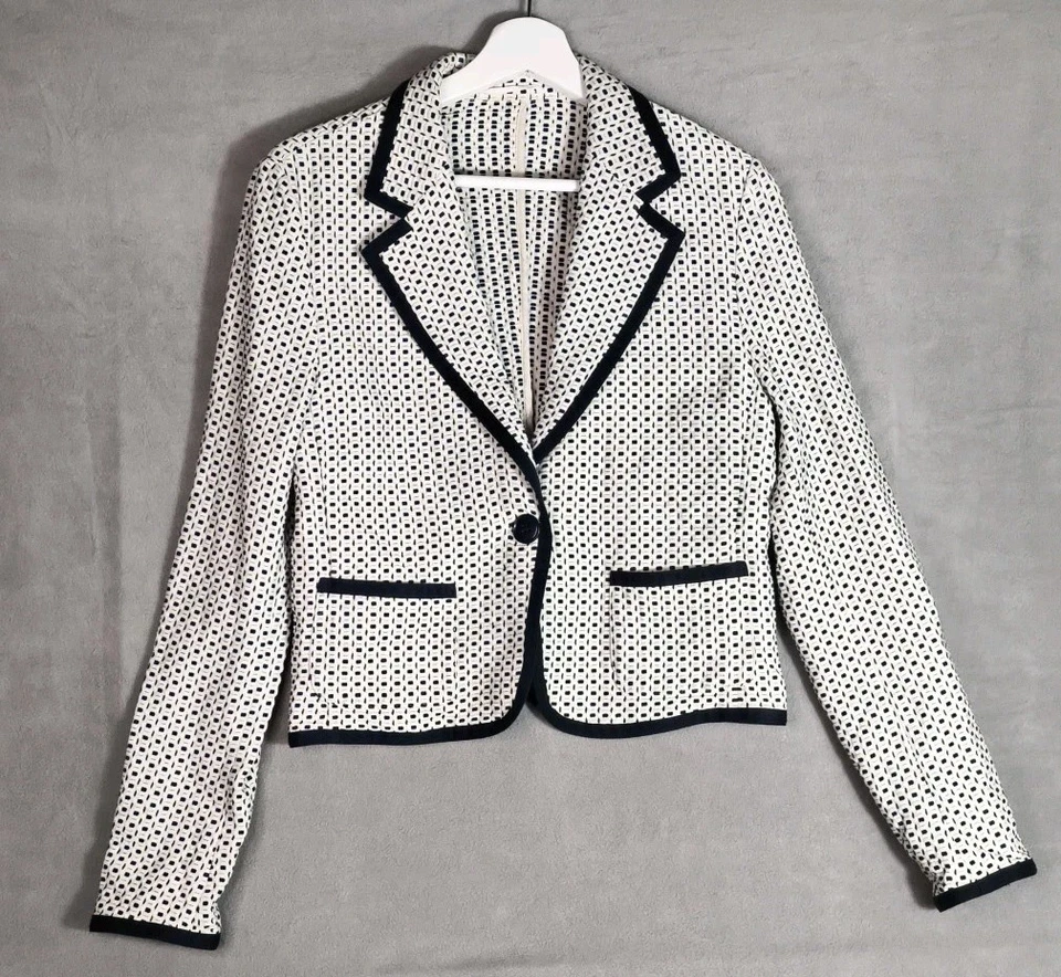 Max Mara Weekend Mujer Blanco y Azul Marino Sastre Bouclé Blazer UK12 Algodón Lino Foto 1 de 4