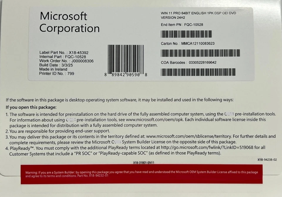 Microsoft Corporation Genuine Windows 11 DVD 64bit Part No. X1845392