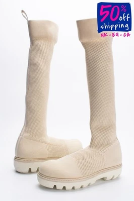 RRP€550 ROCCO P. Knitted Knee High Boots US7 UK4 EU37 Ivory Made in Italy - Image 1 of 4