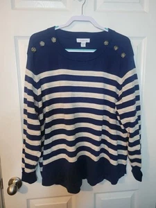 Suéter Pullover Liz Claiborne 3x Plus Para Mujer Azul Marino y Tostado Rayas - Imagen 1 de 5