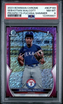 2023 BOWMAN CHROME SEBASTIAN WALCOTT 1ST FUCHSIA SHIMMER /199 #BCP189 PSA 8 - Image 1 of 2