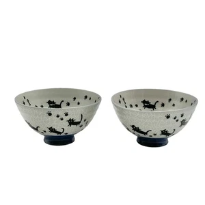 set 2 Japanese Blue Cat Crackle Gray Ramen Bowls 4 7/8” Rice / Noodle Bowl - Picture 1 of 12