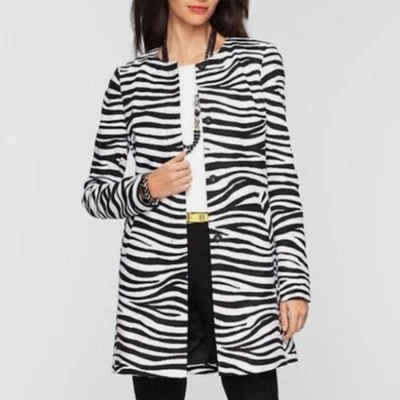 Talbots Black White Zebra Print Collarless Statement Longline Jacket Coat Size 8 - Image 1 of 4