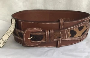 New The Limited 3” Wide Belt Womens S Animal Print Genuine Leather Italy Brown - Picture 1 of 8