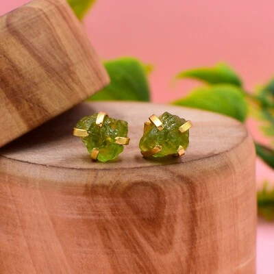 Natural Peridot Rough Raw Gemstone 925 Sterling Silver Women Stud Earrings - Image 1 of 4