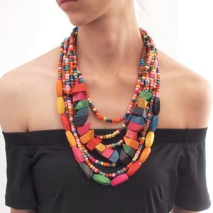 Wood Bead Necklaces Bohemian Multilayer Handmade Statement Necklace Jewelry Gift - Picture 1 of 18
