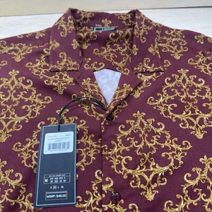 Level Ten Button Up Mens Size Medium Red And Gold Short Sleeve Rayon Shirt - Picture 1 of 17