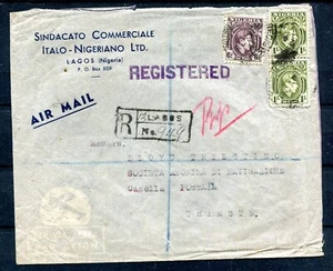 NIGERIA (S1067) 1938 carta certificada correo aéreo de santa de LAGOS a ITALIA - Imagen 1 de 3