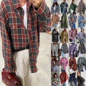 Womens CHECK Shacket Blouse Casual Baggy Long Sleeve Loose Buttons Tops T-Shirts - Picture 1 of 41