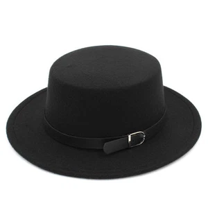 Women Wool Blend Flat Top Boater Hat Wide Brim Bowler Cap Sailor Leather Buckle - Picture 1 of 24
