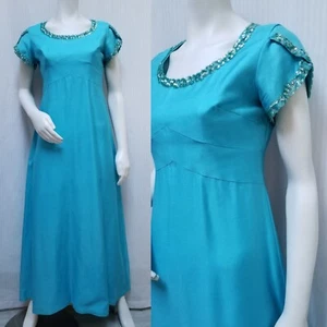 Vintage 1960s Blue MAXI DRESS with Sequin Trim - Size M - Picture 1 of 13