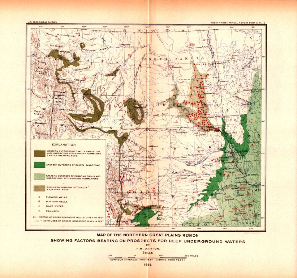 UNDERGROUND WATER, DAKOTAS, NEB. KANS, N. GREAT PLAINS  Antique geology map 1901 - Image 1 of 1