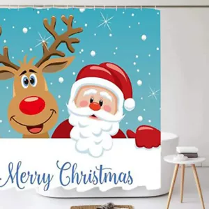 Frohe Weihnachten Stoff Duschvorhang Cartoon Weihnachtsmann Badezimmer Dekor 72 Zoll - Bild 1 von 6