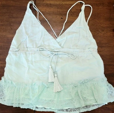 New Honey Punch Anthropologie L Strappy Ruffled Crepe & Lace Cami Mint #110947 - Image 1 of 4