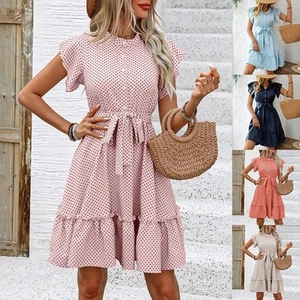 Damen Tupfen Rüsche Sommerkleid Urlaubkleid A-Linie Freizeitkleid Strandkleid DE - Bild 1 von 24