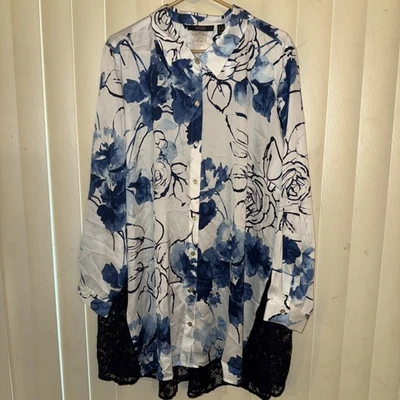 Camisa Dennis By Basso Talla 3X Azul Floral con Encaje Espalda Poliéster Mangas Largas Nueva con Etiquetas Foto 1 de 4